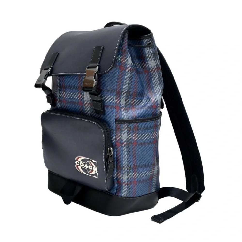Coach Leather Backpack Blue Track Plaid Laptop Travel Carry On Bag Quiet Luxury‎
